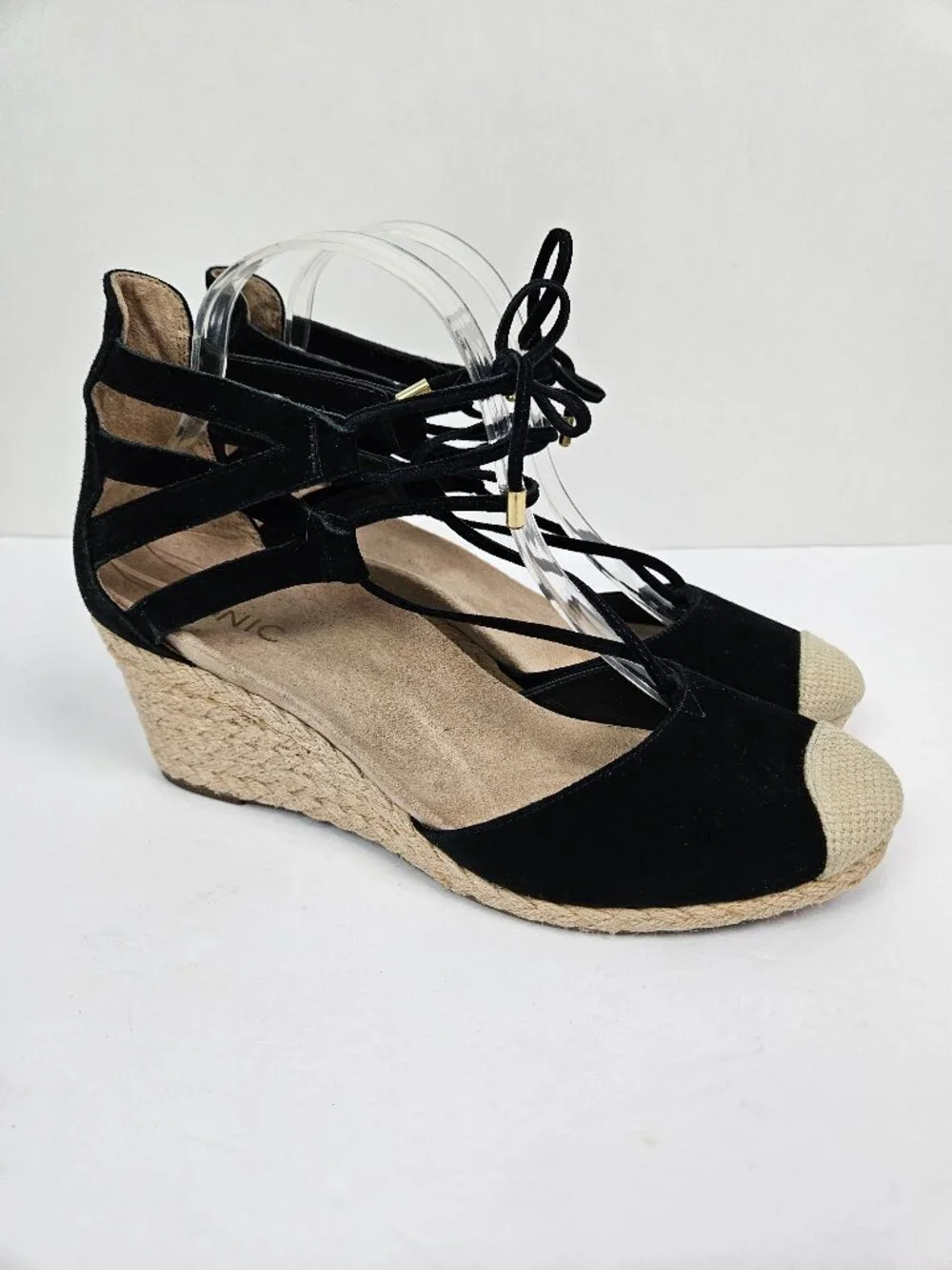 Vionic Calypso Black Suede Strappy Comfort Espadrille Wedge 10